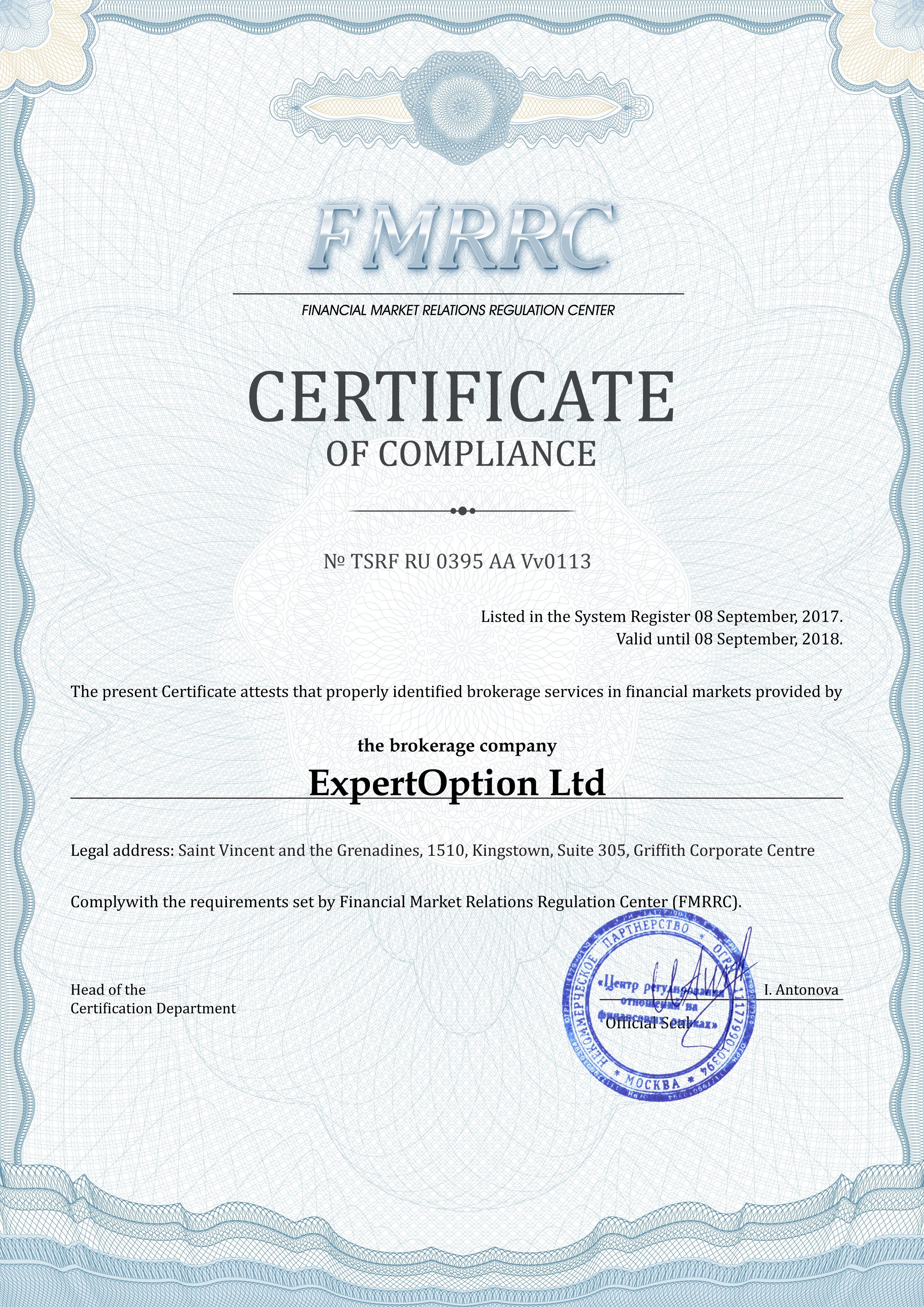 ExpertOption Ltd company Certificate of compliance